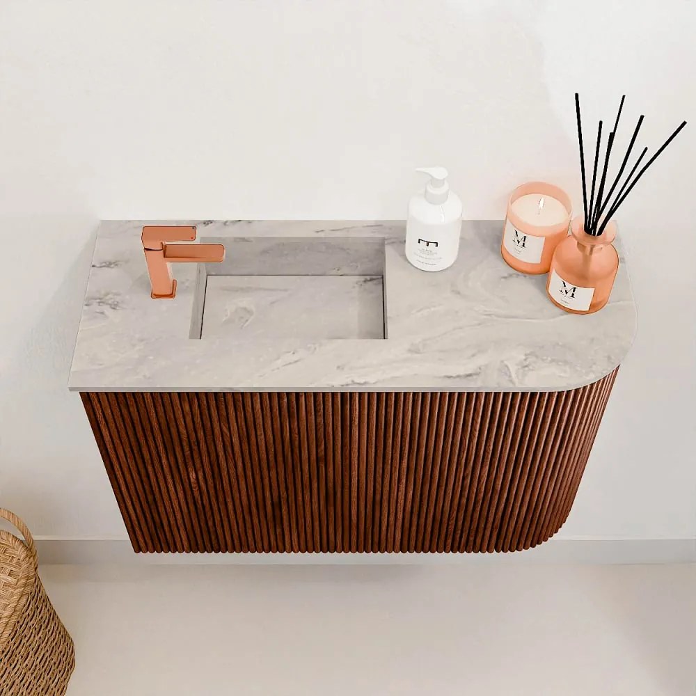 Mondiaz Joya DLux 60cm toiletmeubel ronding rechts ruby met wastafel faye links 1 kraangat glace