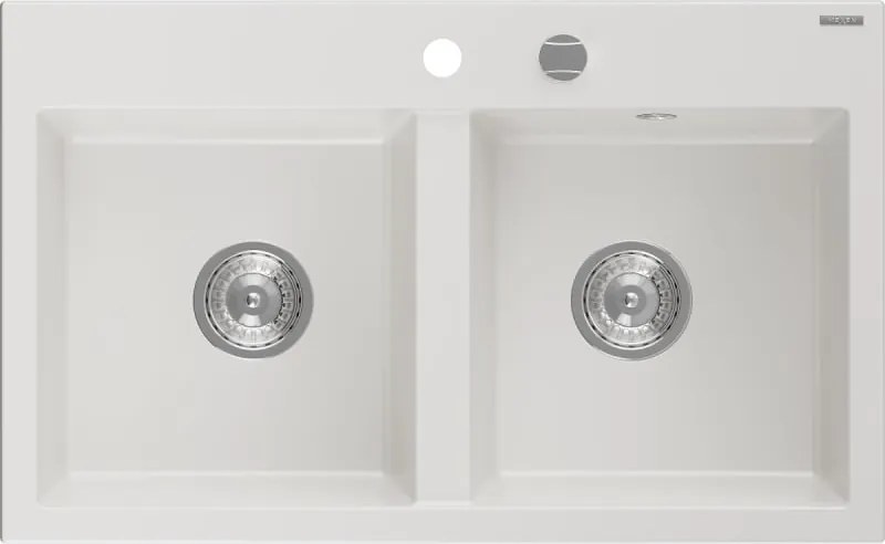 Mexen Hektor granieten gootsteen 2-kamer 800 x 480 mm, wit, chrom sifon - 6521802000-20