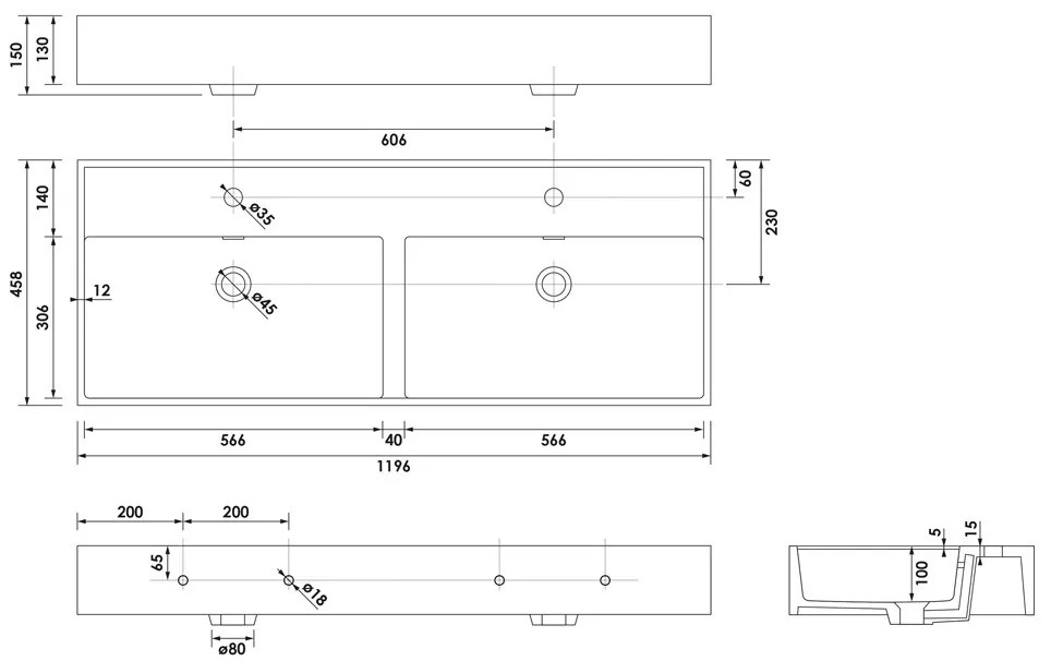 Brauer Gravity dubbele wastafel mineraalmarmer 120cm met 2 kraangaten wit glans