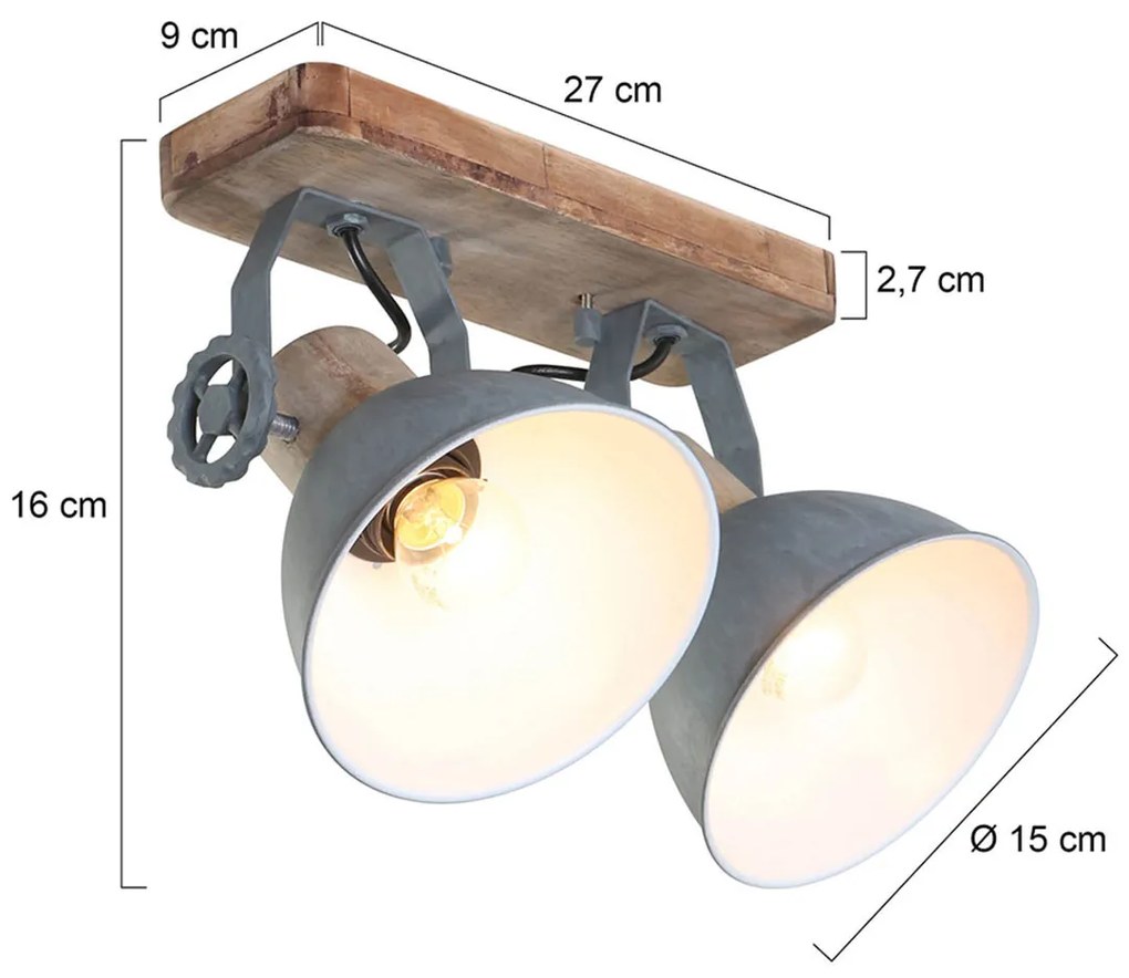 Industriële plafondSpot / Opbouwspot / Plafondspot hout met grijs 2-lichts draai- en kantelbaar - Gearwood Industriele / Industrie / Industrial E27 rond Binnenverlichting Lamp