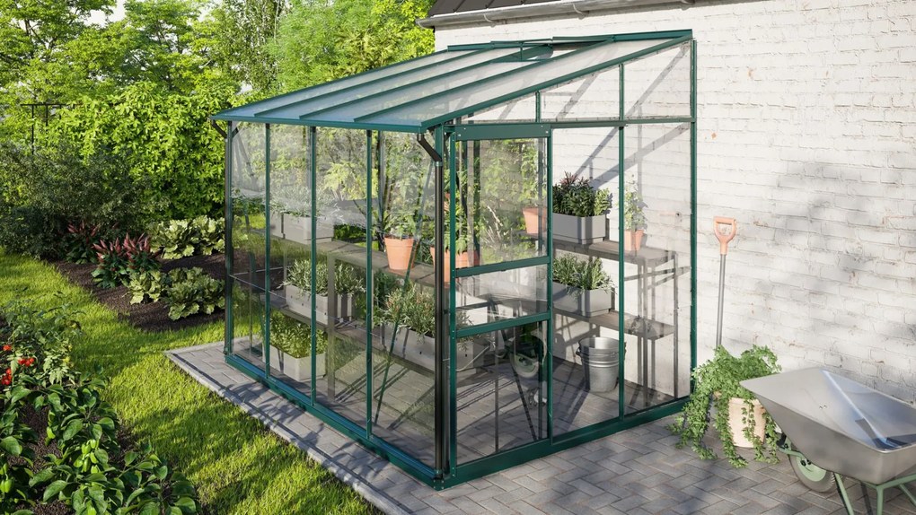 Vitavia Ida muurserre 5,2m² met veiligheidsglas - Donkergroen - Met dubbele schuifdeur (B120 cm) en fundering