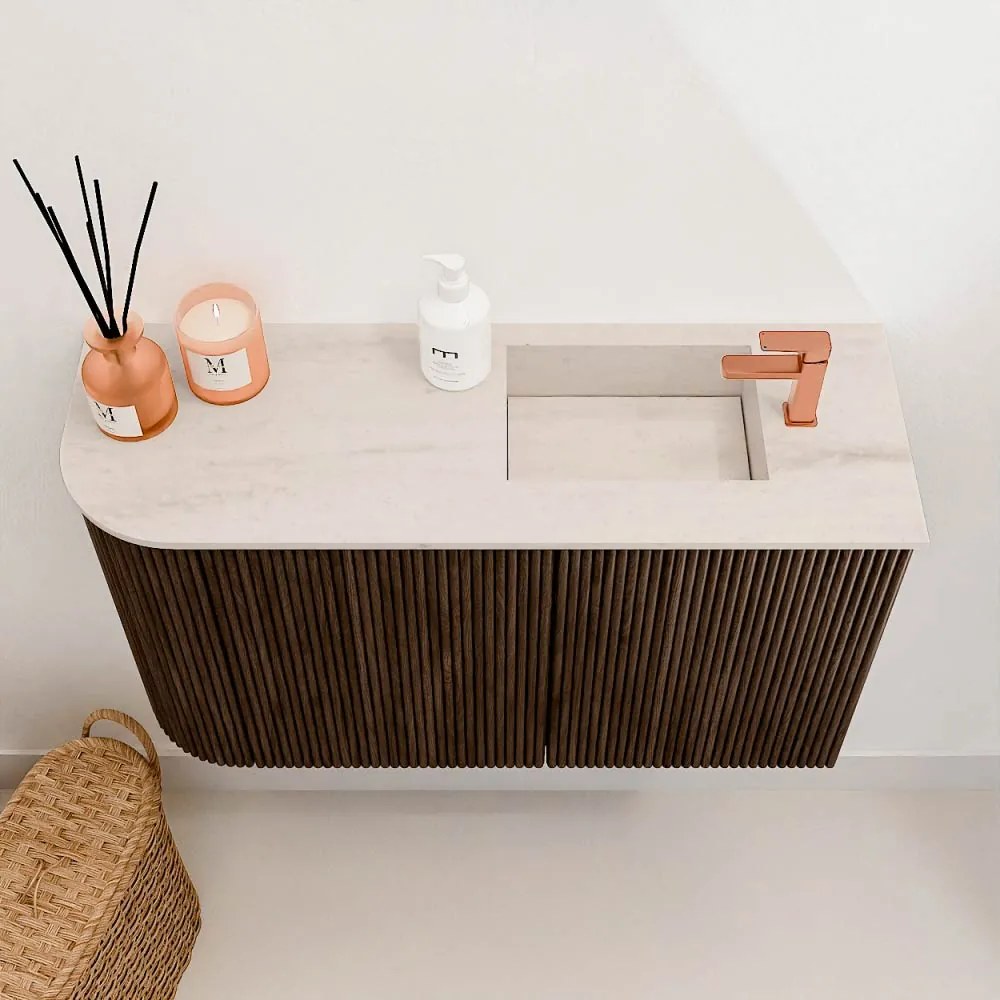 Mondiaz Joya DLux 70cm toiletmeubel ronding links walnut met wastafel faye rechts 1 kraangat meli