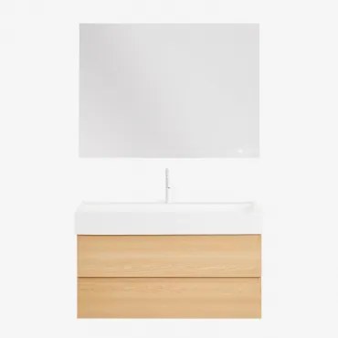 Ona Zwevend Badkamermeubelset Van Hout En Essenfineer Met Geïntegreerde Wastafel Natuurlijk Hout & Rectangular Led And Antifog 120x90 Cm - Sklum