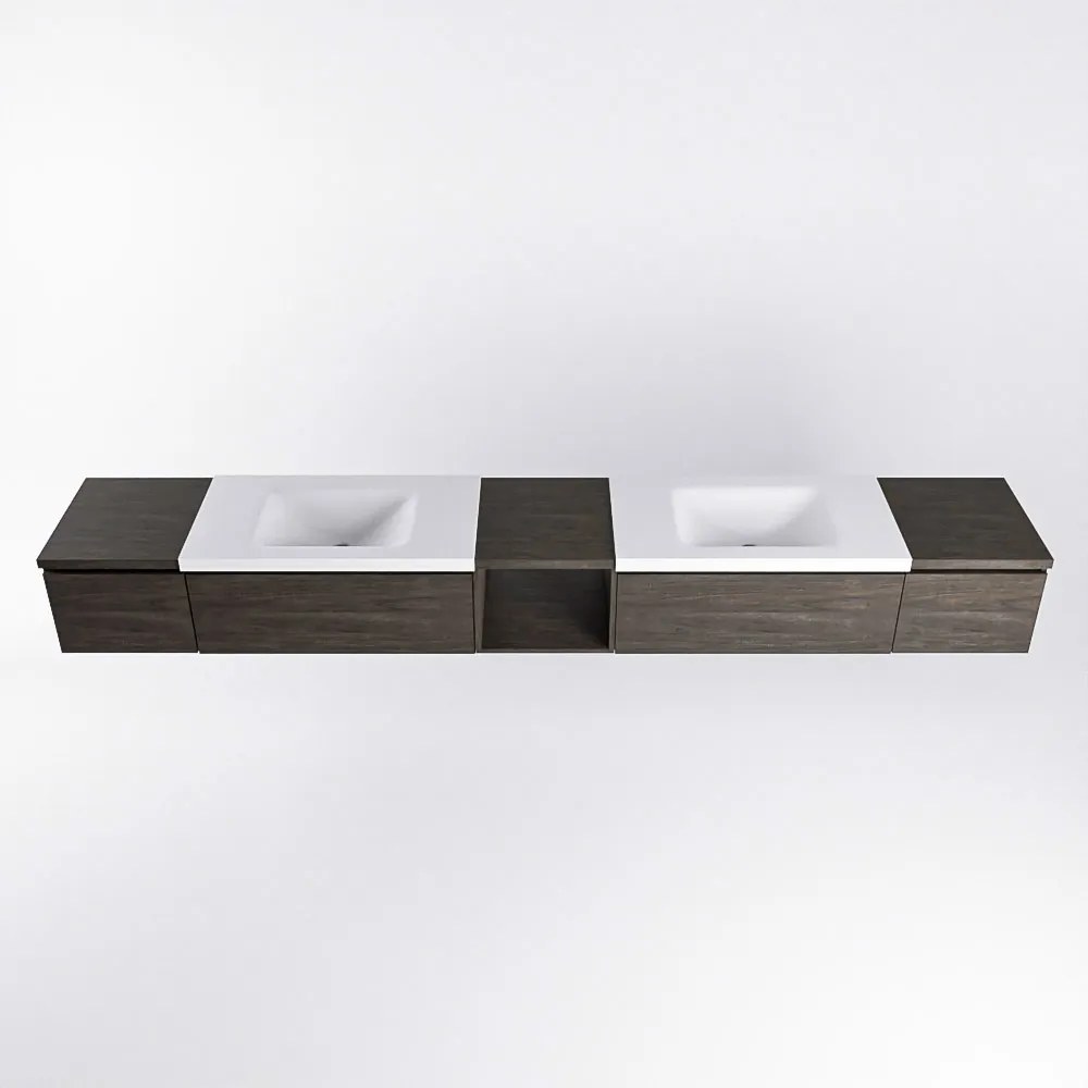 Mondiaz Bukla 280cm badmeubel met open module 40 midden Dark Brown met 4 lades wastafel Cloud dubbel 2 kraangaten Talc