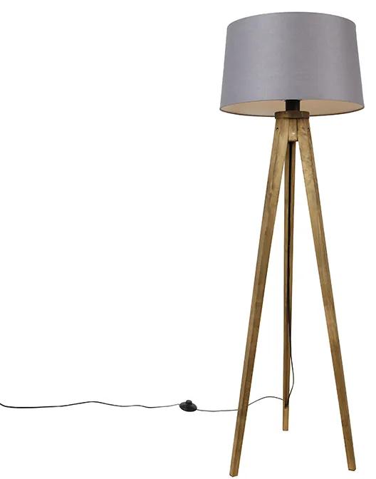 Landelijke tripod vintage hout met linnen kap antraciet 45 cm - Tripod Classic Landelijk E27 Binnenverlichting Lamp