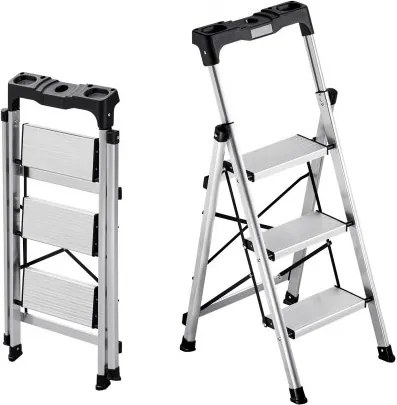 VEVOR 3-treden opvouwbare ladder met antislip treden en comfortabele handgreep, huishoudladder met een draagvermogen van 150 kg, aluminium trapladder, veiligheidsladder voor keuken, magazijn, huis en kantoor