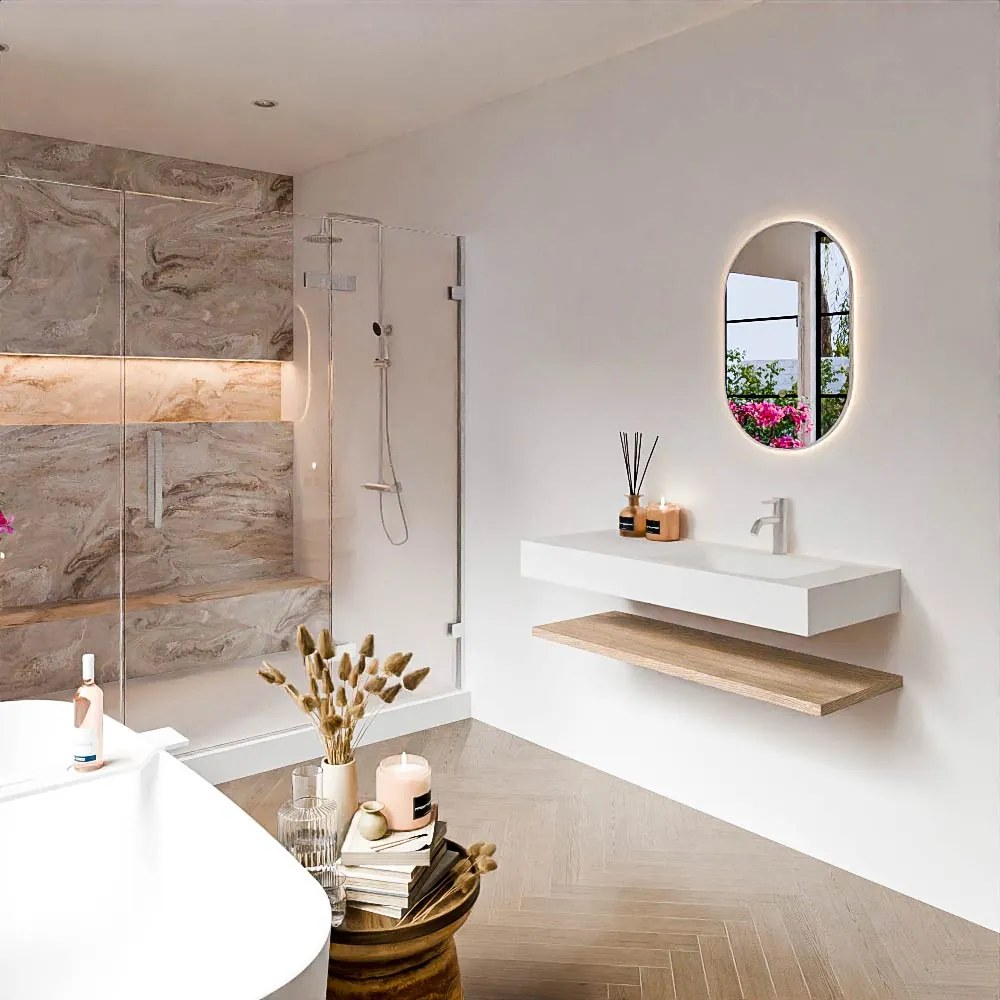 Zaro Alan badmeubel 110cm met planchet washed oak en vrijhangende wastafel cloud rechts 1 kraangat talc