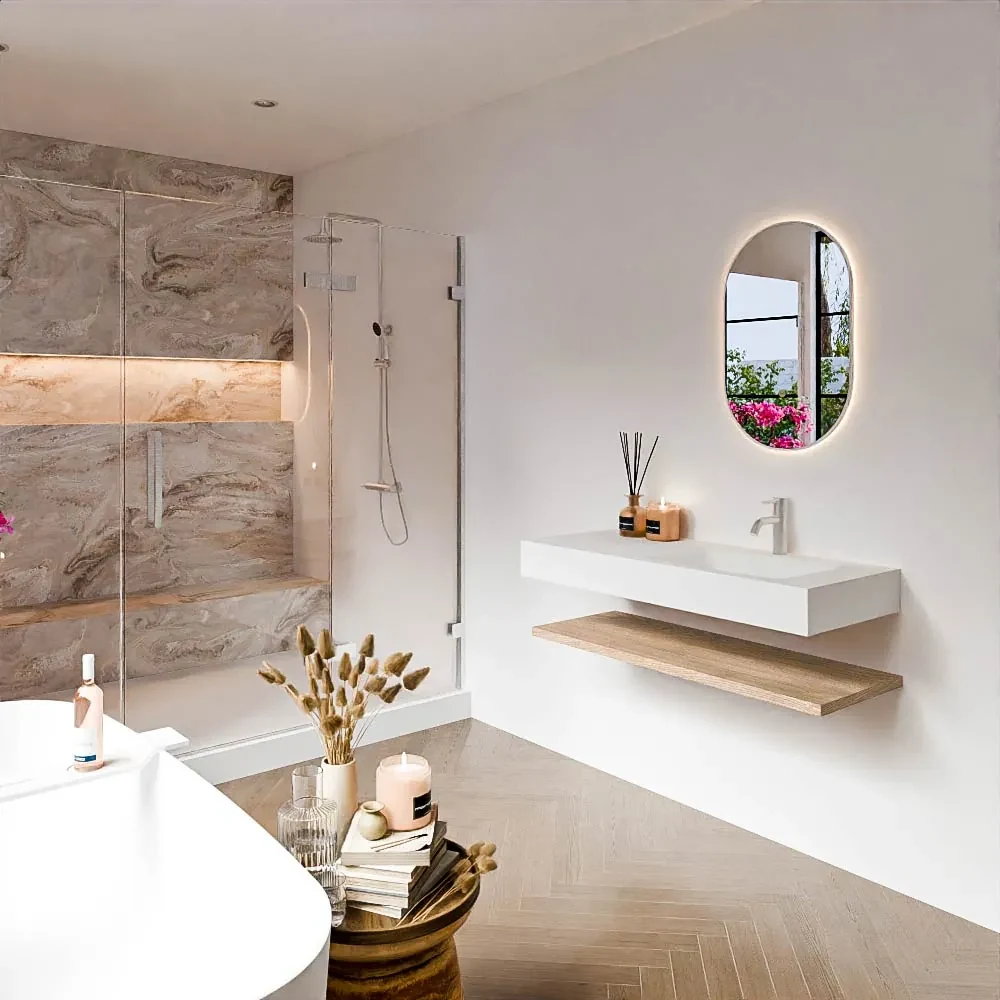 Zaro Alan badmeubel 110cm met planchet washed oak en vrijhangende wastafel cloud rechts 1 kraangat talc