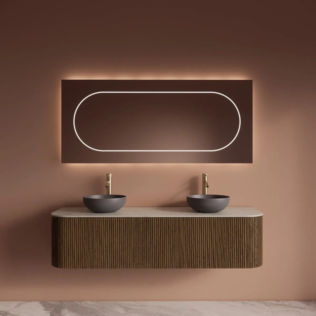 Gliss Design Alluro badmeubel ribbelfront met ronding links/rechts 160cm castle brown en wit marmer toppaneel