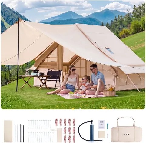 VEVOR Opblaasbare kampeertent 3x2x2 m, 3-5 personen, 300D Oxford 4-seizoenen glampingtent met luifel, handpomp, kachelaansluiting, 2 deuren en 2 gaasramen (opbergtas inbegrepen)