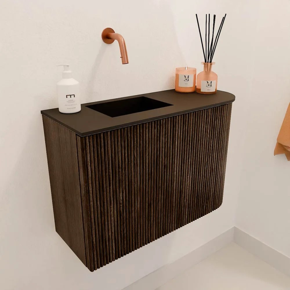 Mondiaz Joya 60cm toiletmeubel ronding rechts walnut met wastafel faye links zonder kraangat urban