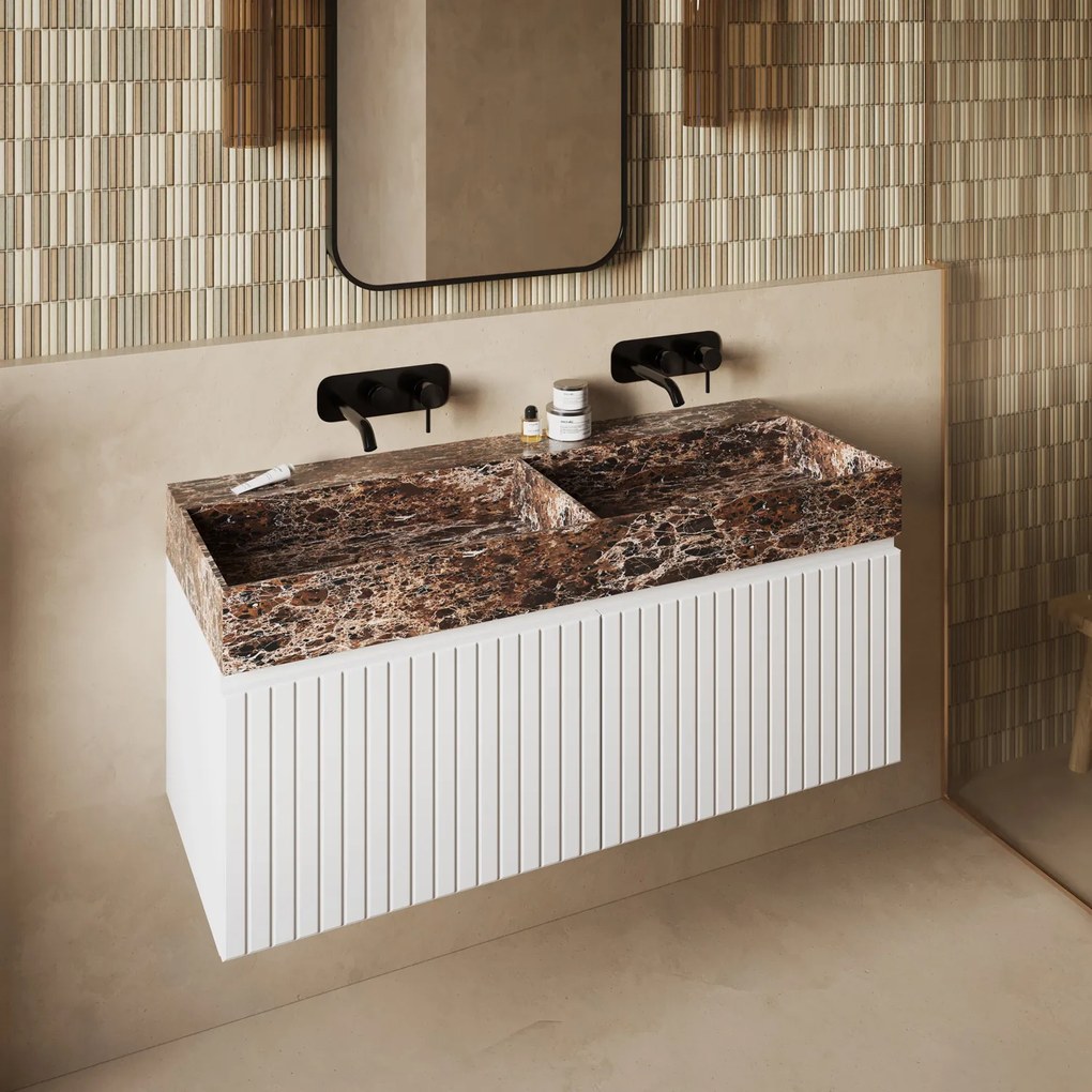 Fontana Dark Emperador badmeubel 120cm mat wit met ribbelfront zonder kraangaten