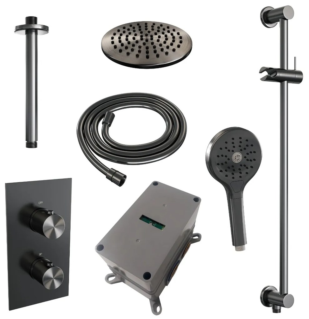 Brauer Gunmetal Edition complete inbouw regendouche met 3 standen handdouche, plafondarm, glijstang en hoofddouche 20cm set 47 gunmetal geborsteld PVD