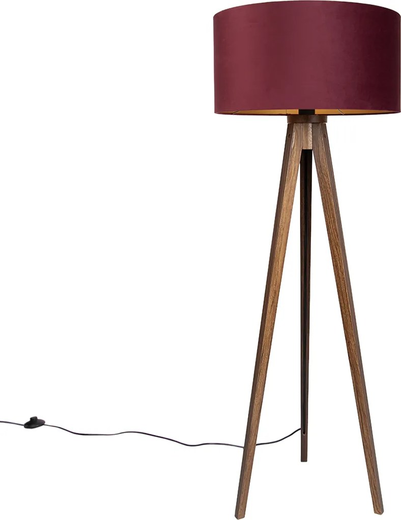 Vloerlamp walnoot hout tripod met kap rood en gouden binnenkant 50cm - Tripod Classic