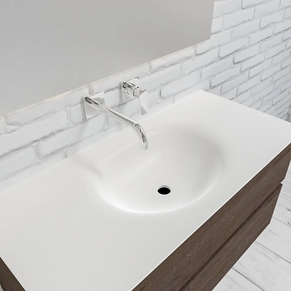 Zaro Sevilla Solid Surface badmeubel 100cm donker eiken zonder kraangat spoelbak midden met 2 lades