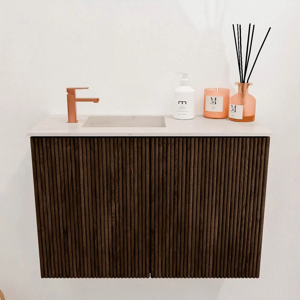 Mondiaz Joya DLux 60cm toiletmeubel walnut met wastafel faye links 1 kraangat meli