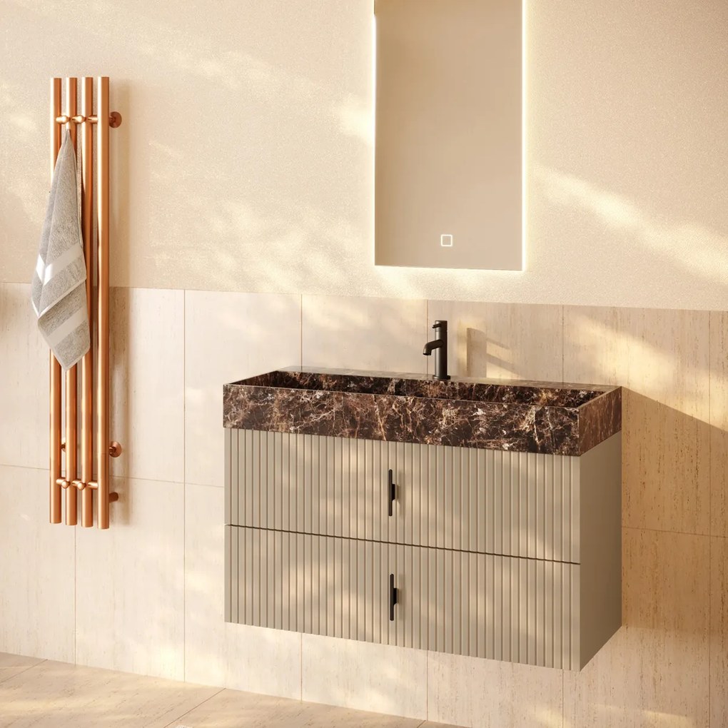Muebles Murcia badmeubel ribbelfront 100cm macchiato met Dark Emperador wastafel met kraangat