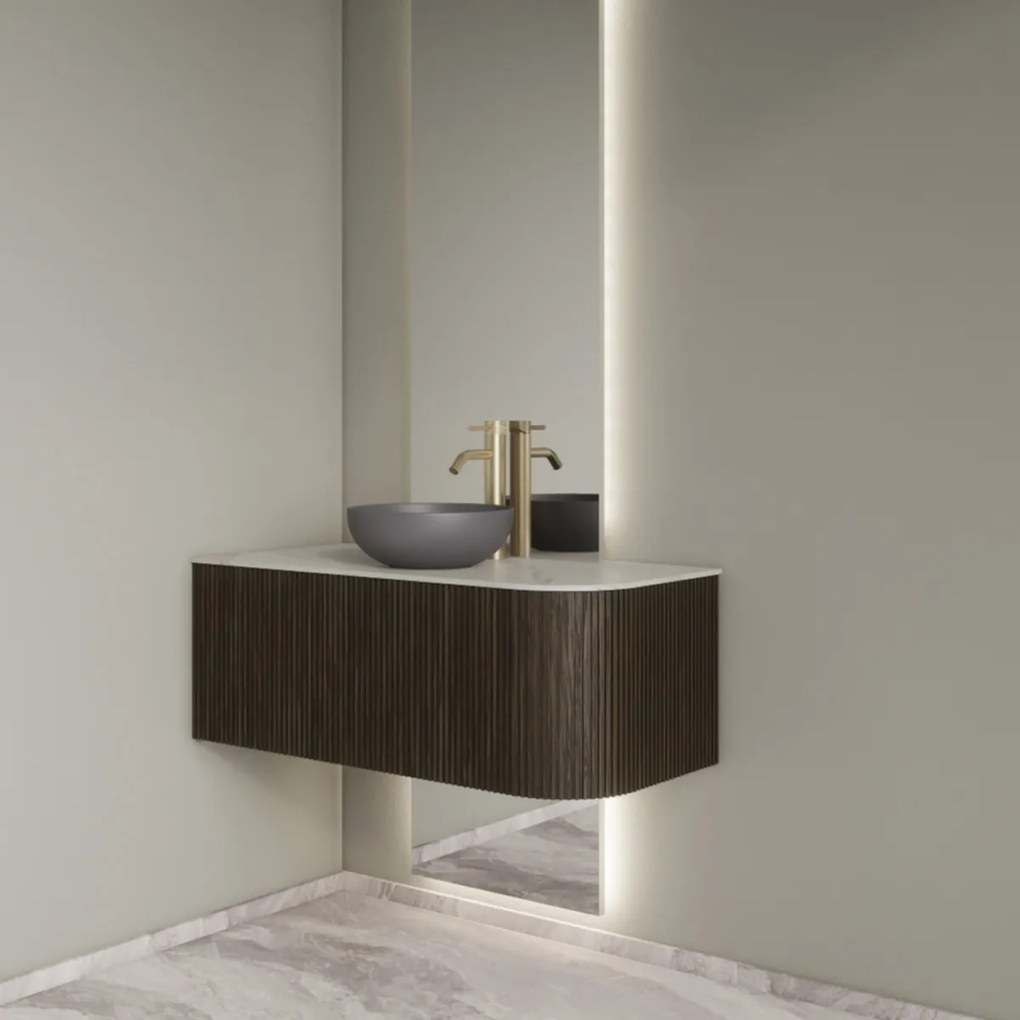 Gliss Design Alluro badmeubel ribbelfront met ronding rechts 100cm charcoal en wit marmer toppaneel