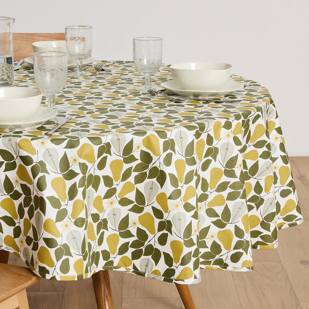 Rond tafelkleed met print, van soepel gecoat katoen, VINTAGE PEAR