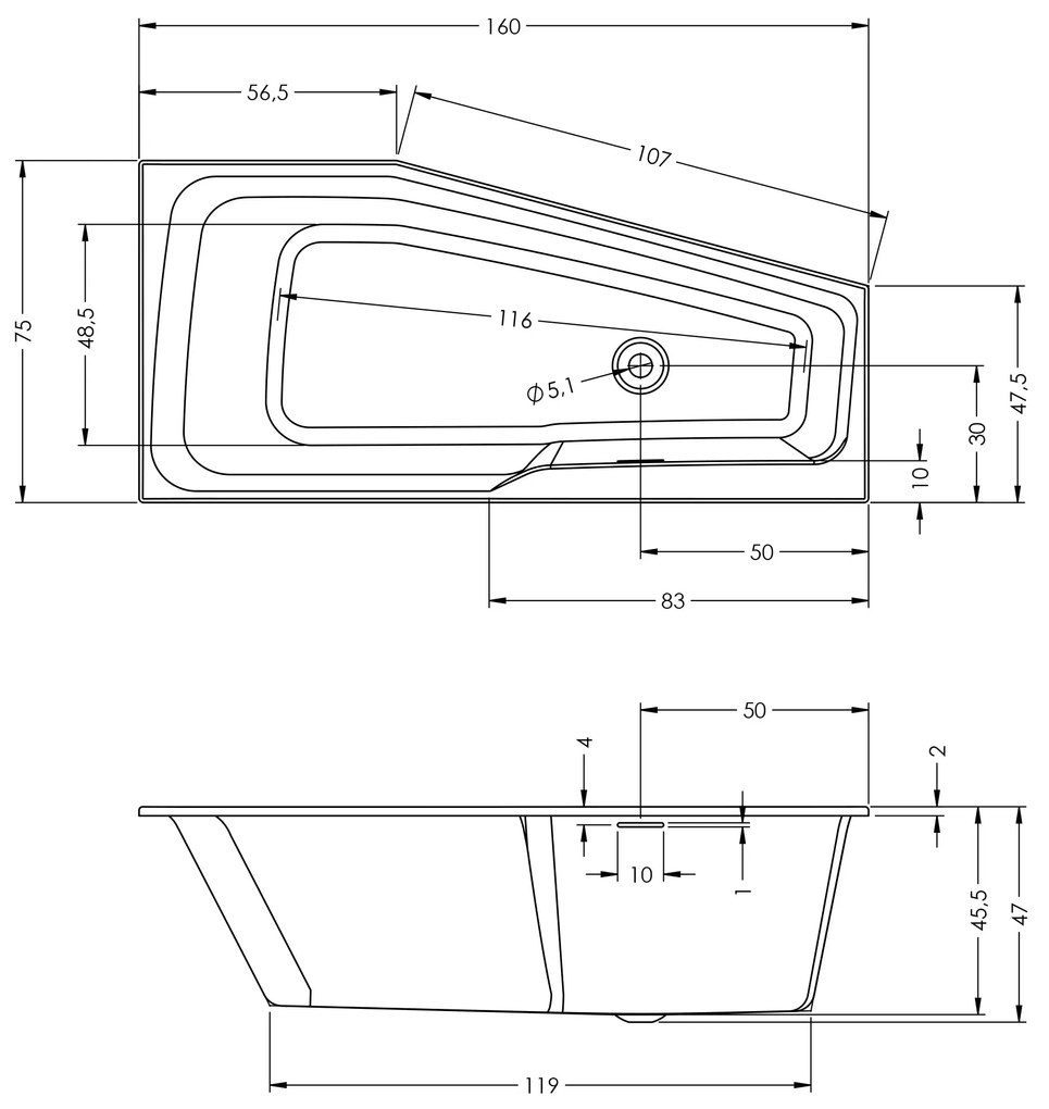 Riho Rethink Space half vrijstaand bad 160x75cm links wit glans met Fall overloop