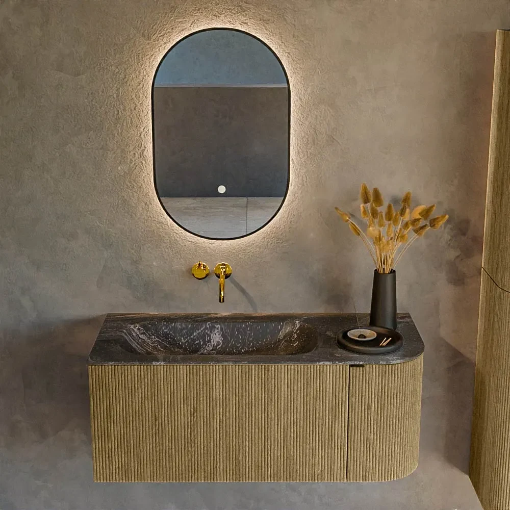 Mondiaz Kurve-dlux 105cm badmeubel ronding rechts dusk met 1 lade en deur en wastafel big small links zonder kraangat lava