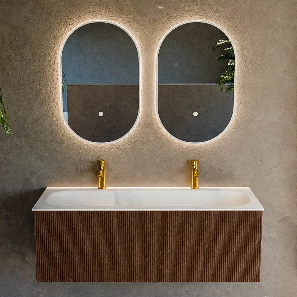 Mondiaz Kurve 120cm badmeubel walnut met 1 lade en wastafel big large midden 2 kraangaten