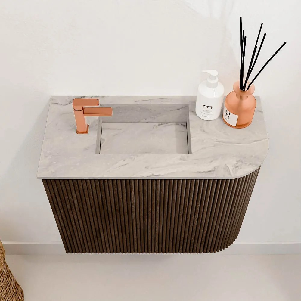 Mondiaz Joya DLux 50cm toiletmeubel ronding rechts walnut met wastafel faye links 1 kraangat glace