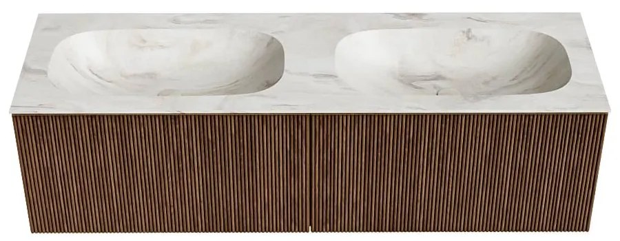 Mondiaz Kurve-dlux 150cm badmeubel walnut met 2 lades en wastafel stor small dubbel zonder kraangat ostra