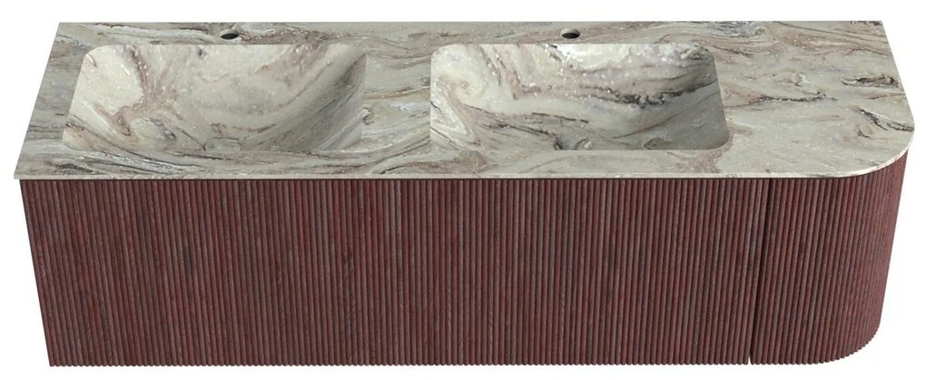 Mondiaz Kurve-dlux 145cm badmeubel ronding rechts ruby met 1 lade en deur en wastafel leaf dubbel/links 2 kraangaten glace