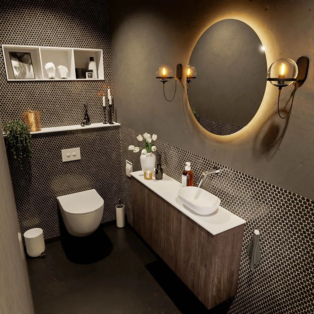 Mondiaz Fowy toiletmeubel 100cm dark brown met witte waskom rechts zonder kraangat