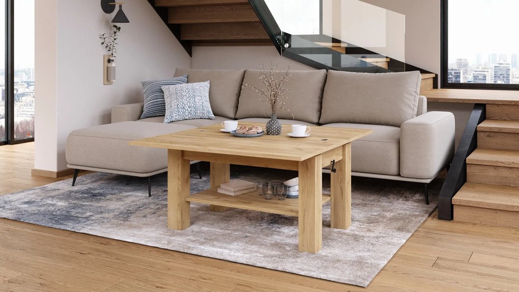 BRAVO goud eiken – uitschuifbare en in hoogte verstelbare salontafel, tafel met plank