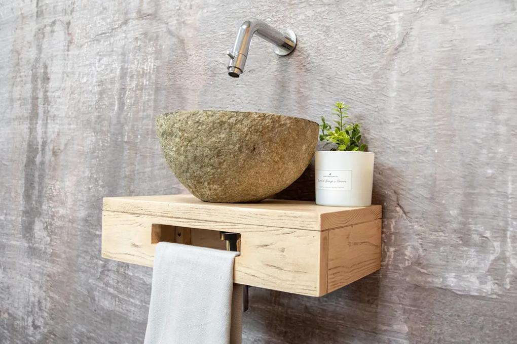 Saniclear Seba fonteinset met eiken plank, rivierstenen waskom en chromen kraan voor in het toilet