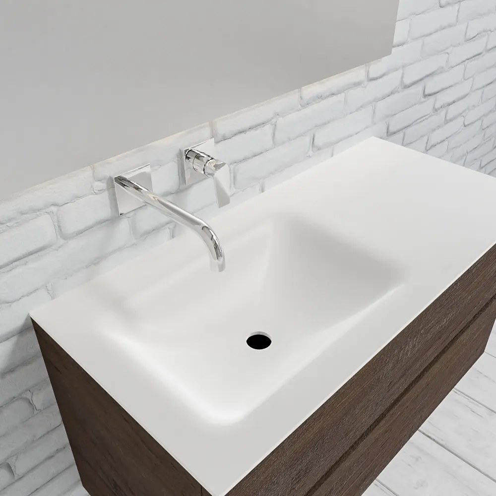 Zaro Valencia Solid Surface badmeubel 100cm donker eiken zonder kraangat spoelbak links met 2 lades