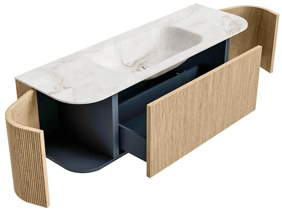 Mondiaz Kurve-dlux 140cm badmeubel ronding links/rechts oak met 1 lade en 2 deuren en wastafel big small midden 1 kraangat frappe