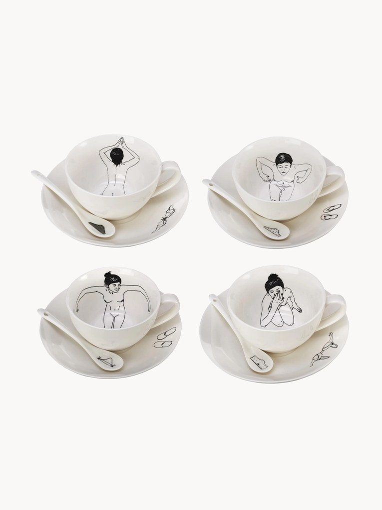 Handbeschilderde koffiekopjes Undressed met schoteltjes en lepels, 4-delig