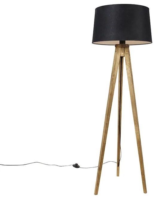 Landelijke tripod vintage hout met linnen kap zwart 45 cm - Tripod Classic