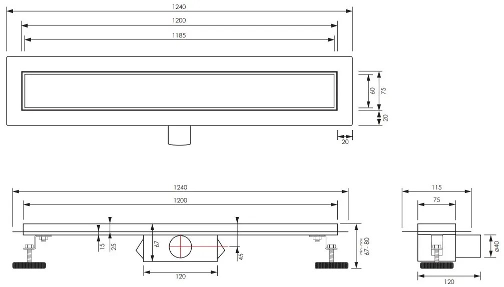 Brauer douchegoot 120x7cm met multifunctioneel rooster en flens RVS geborsteld