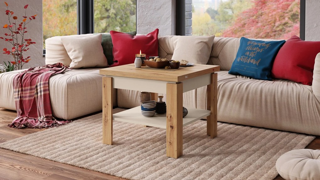 LEO Artisan Eiken / beige - KOFFIETAFEL MET UITKLAPBAAR BLAD
