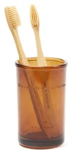 Wellmark Tandenborstelhouder bruin glas gegraveerd BEAUTY IS AN ATTITUDE 8720254397511