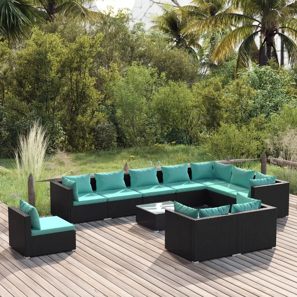 vidaXL 11-delige Loungeset met kussens poly rattan zwart