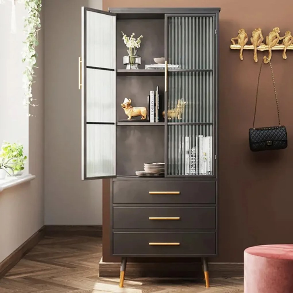 Hoge Wandkast Met Ribbelglas - 72x38x180cm.