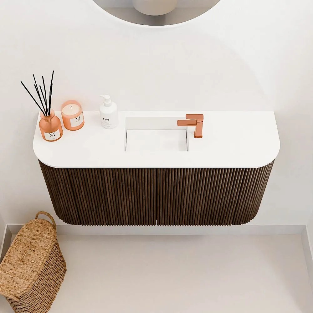 Mondiaz Joya 85cm toiletmeubel ronding links/rechts walnut met wastafel faye midden 1 kraangat talc