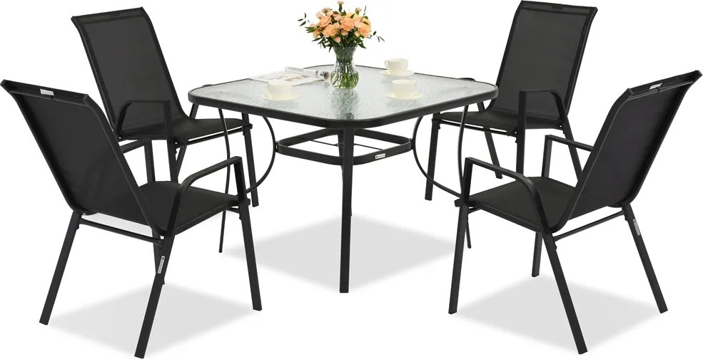 Modena/Bitonto metalen tuinmeubelen voor 4 personen met Garden Point vierkante tafel zwart