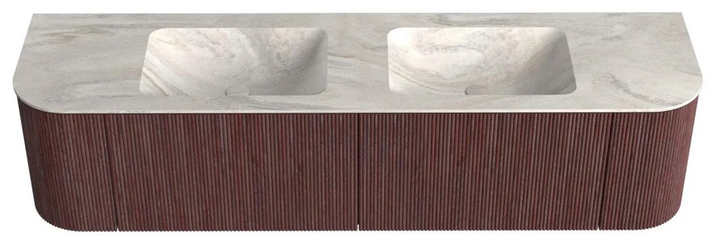 Mondiaz Kurve-dlux 180cm badmeubel ronding links/rechts ruby met 2 lades en deuren en wastafel leaf dubbel zonder kraangat ostra