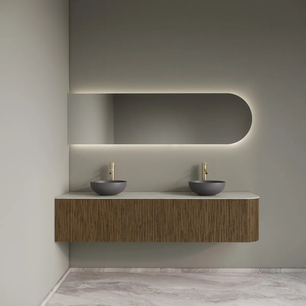 Gliss Design Alluro badmeubel ribbelfront met ronding rechts 180cm castle brown en wit marmer toppaneel