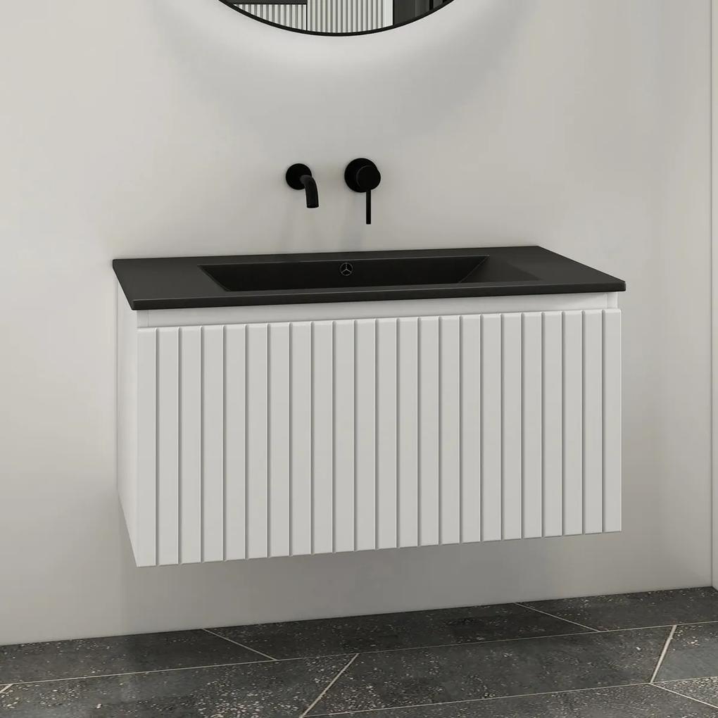 Fontana Lento wit badkamermeubel ribbelfront met zwarte wastafel 80cm zonder kraangat