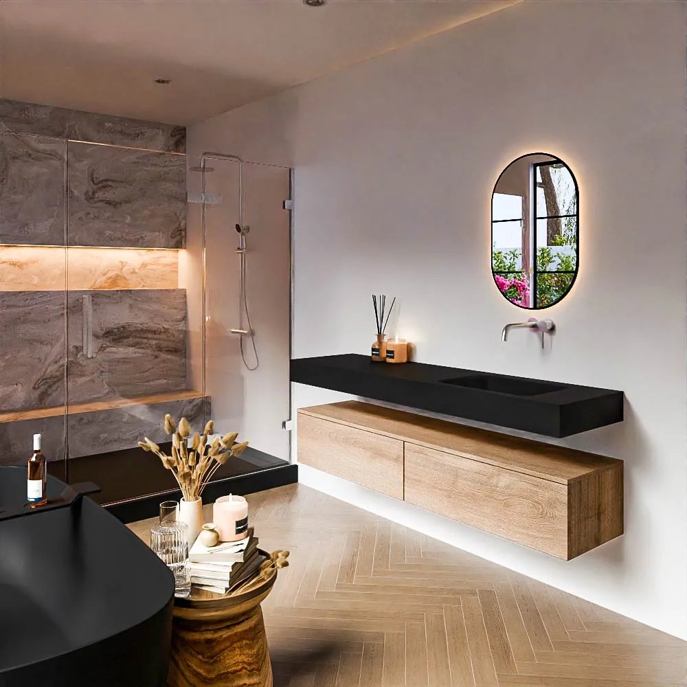 Zaro Alan badmeubel 170cm washed oak 2 lades met vrijhangende wastafel cloud rechts zonder kraangat urban