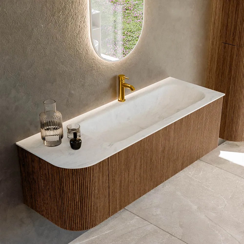 Mondiaz Kurve-dlux 135cm badmeubel ronding links walnut met 1 lade en deur en wastafel big medium kraangat rechts opalo