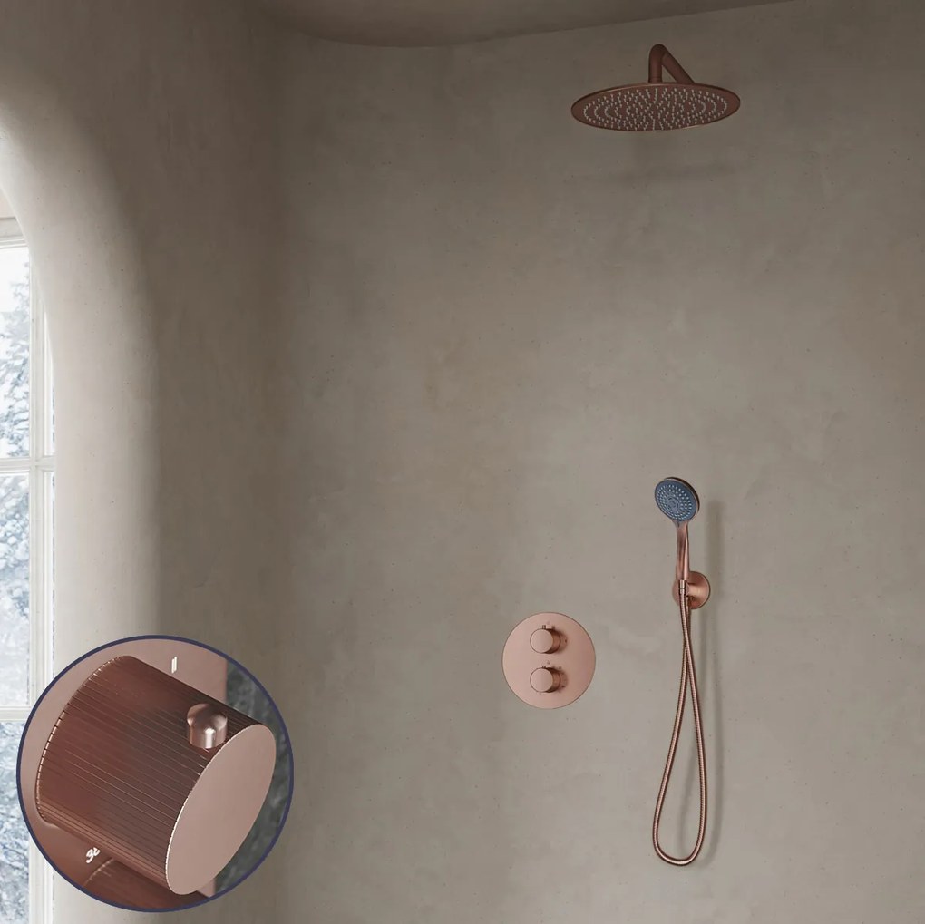 Saniclear Copper Stripes inbouw regendouche rond met 20cm hoofddouche, muurarm en 3 standen handdouche geborsteld koper