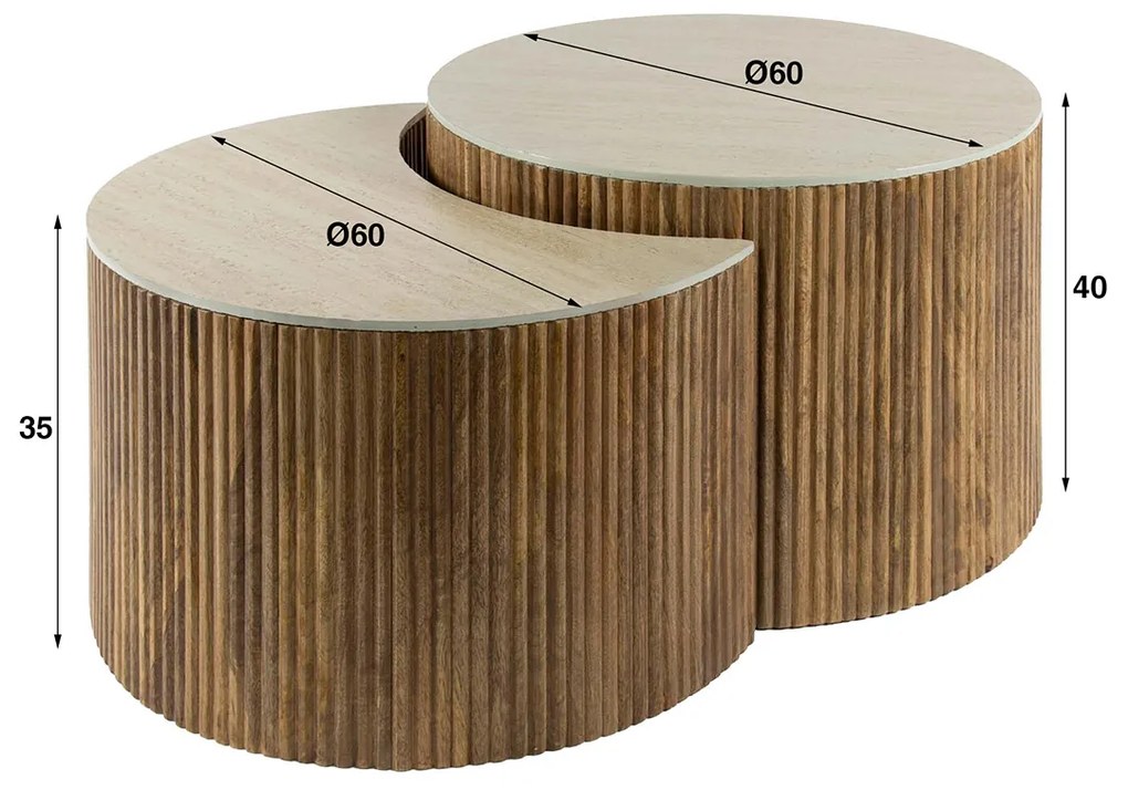 Set Salontafels Ribbelhout En Traverin - 60 X 60cm.